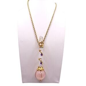 Gems Crystals Pendant Wand 3” Rose and Angel Quartz on Vntg Gold Filled Chain